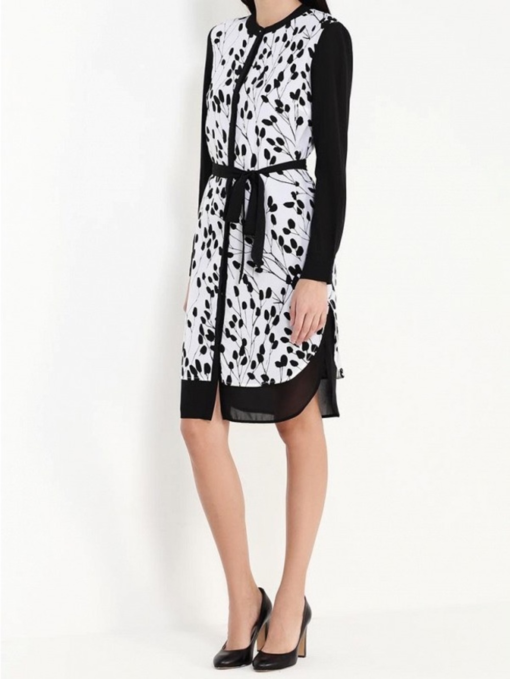 DKNYC Black and White Long Sleeve Printed Tie-Waist Shirt Dress